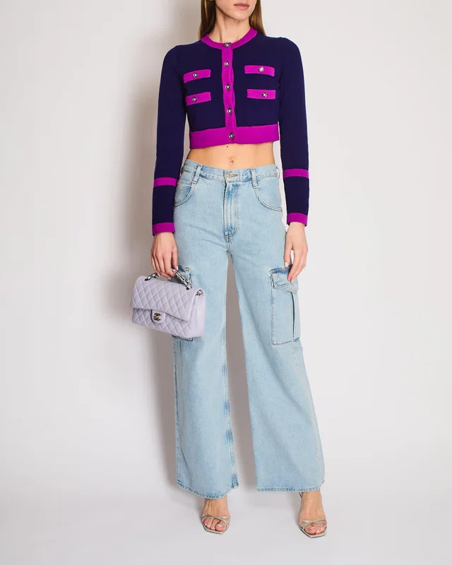 Chanel 23B Purple and Pink Contrast Trim Cropped Cardigan with Silver CC Buttons Size FR 36 (UK 8) in Pink Cashmere from Sellier