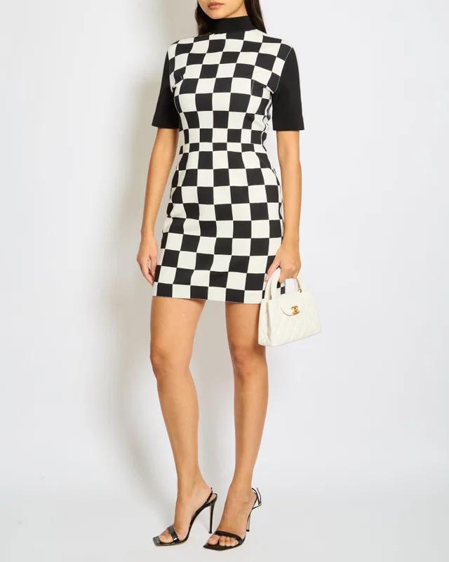 Louis Vuitton Black and White Checkered Mini Dress with Brown Monogram Details FR 38 (UK 10) in Black from Sellier