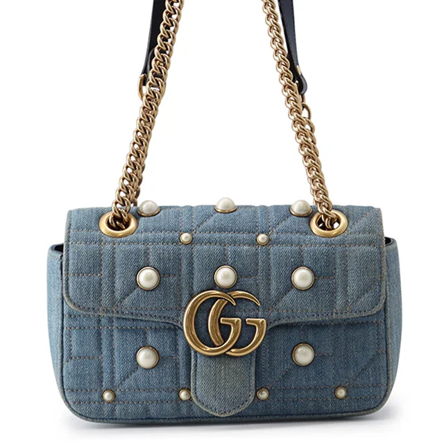 Gucci GG Marmont Denim Shoulder Bag Blue446744 Denim Leather Faux Pearl Size Small in Denim from GALLERY RARE