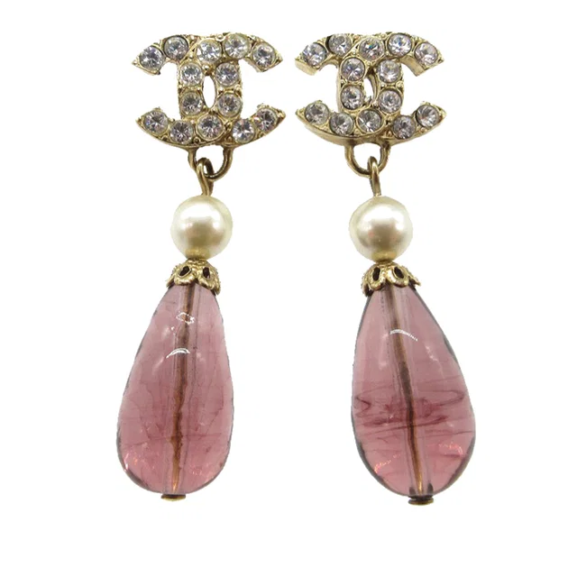 Gold Chanel CC Gold Plated Strass Faux Pearl Push Back Earrings in Gold from Designer Revival