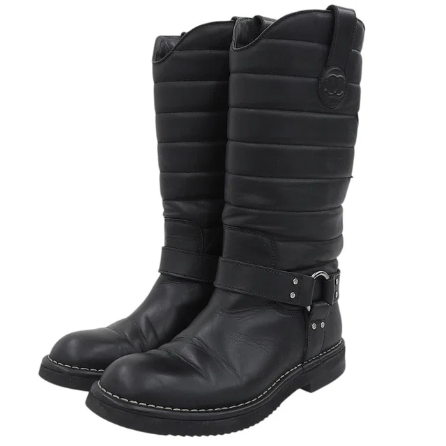 Chanel Star CC Mark Engineer Boots #36 Black in Black Leather from VINTAGE QOO TOKYO