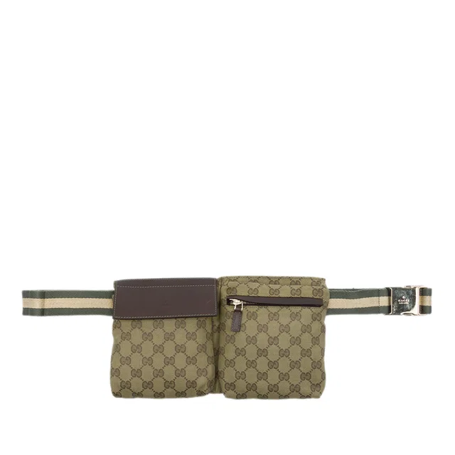 Beige Gucci GG Canvas Web Double Pocket Belt Bag in Beige Canvas from Designer Revival