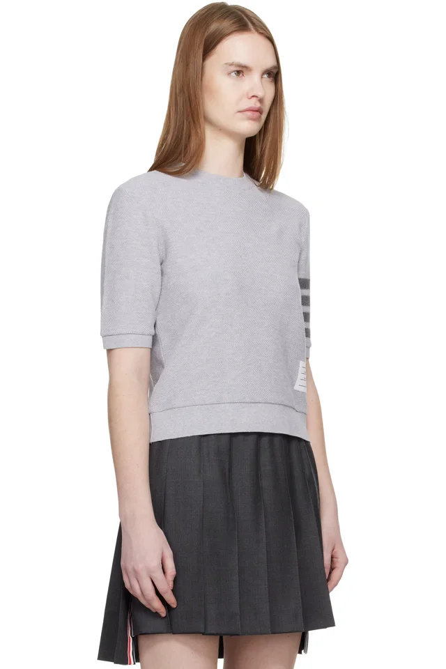 Thom Browne Gray Textured Cotton Pique 4-Bar T-shirt, photo 2 of 4 from SSENSE