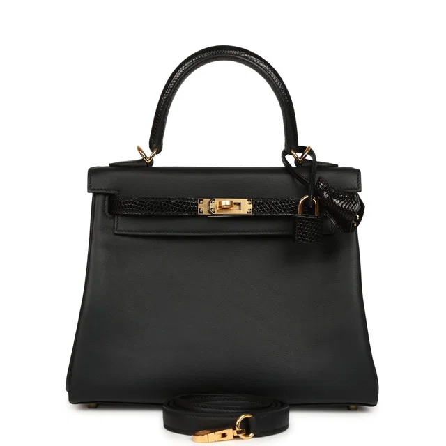 Hermès Kelly Retourne 25 Black Swift and Varanus Niloticus Lizard Touch Gold Hardware in Black Swift leather from Madison Avenue Couture