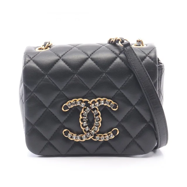 Chanel Shoulder Bag Quilted Black Lambskin Mini Crystal Coco Chain in Black Lambskin from The Reluxe