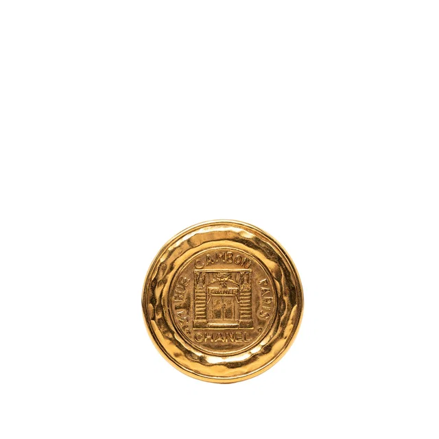 Gold Chanel Gold Plated 31 Rue Cambon Round Brooch in Gold from Designer Revival