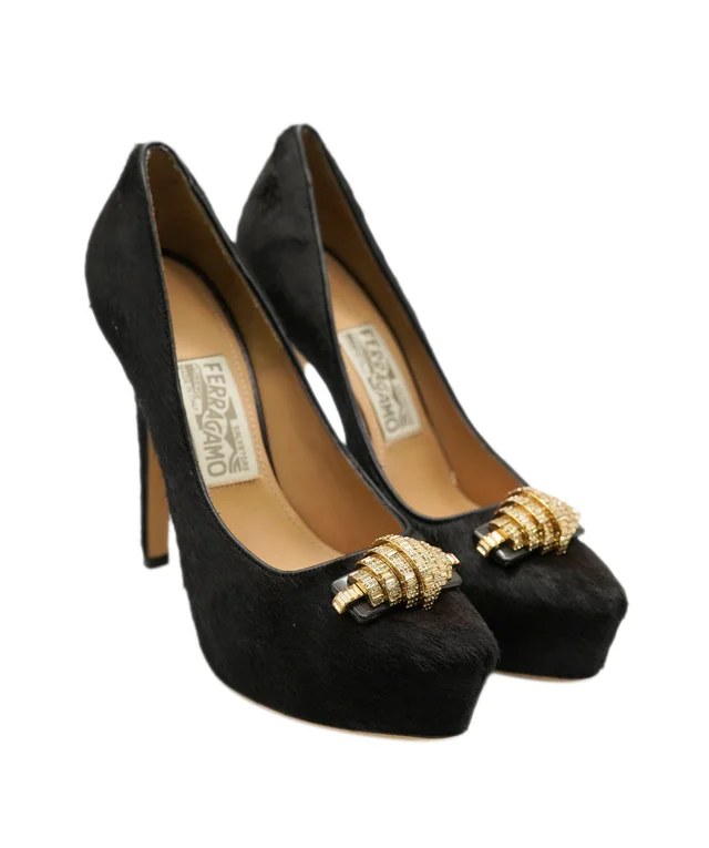 Ferragamo Black Suede Point Toe Heels with Gold Detail in Black Suede from Luxury Promise, photo 2 of 2