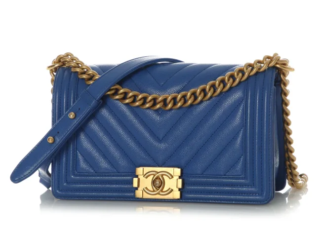 Chanel Old Medium Cobalt Blue Chevron-Quilted Caviar Boy Bag in Blue Caviar leather from Ann's Fabulous Finds, photo 3 of 10