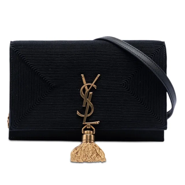 Black Saint Laurent Embroidered Satin Monogram Kate Tassel Wallet on Chain Crossbody Bag in Black Satin from Designer Revival