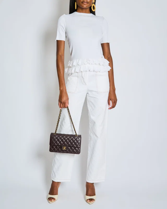 Chanel White Quilted Straight Leg Jeans with Brown Accents and Waist Ties and 31 Rue Cambon CC Logo… in Brown from Sellier