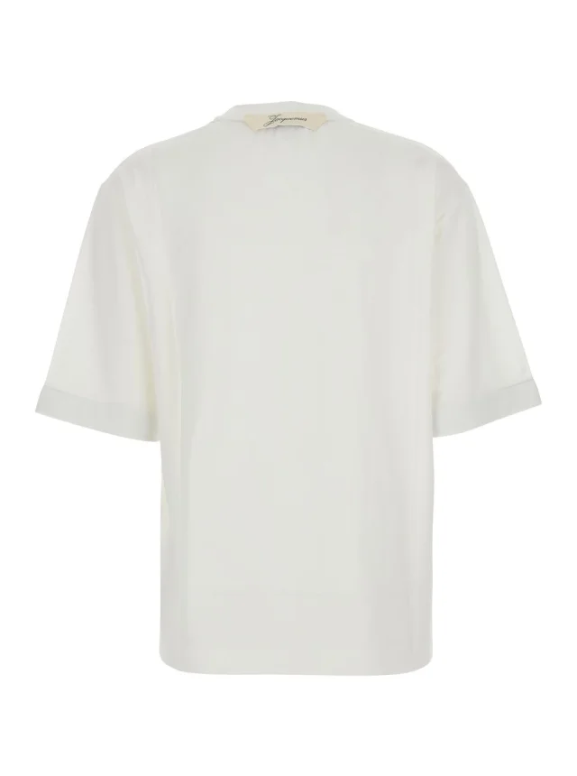 JACQUEMUS 'LE TSHIRT VENTADOU' White Crew neck T-shirt with gros grain logo on the back in fabric for women in White 57% Paper 43% Polyester, photo 3 of 6 from Gaudenzi Boutique