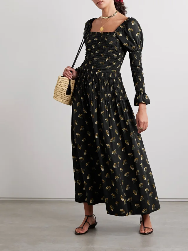DÔEN Wilmina shirred floral-print cotton-blend maxi dress in Black, photo 2 of 2 from NET-A-PORTER (Canada)