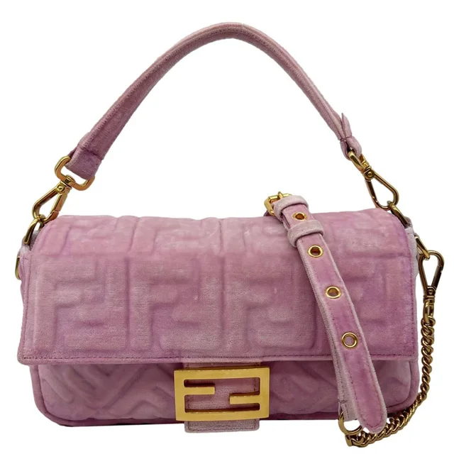 Fendi Baguette FF Zucca Embossed Velvet Shoulder Bag Pink in Pink Velvet from Dallas Designer Handbags