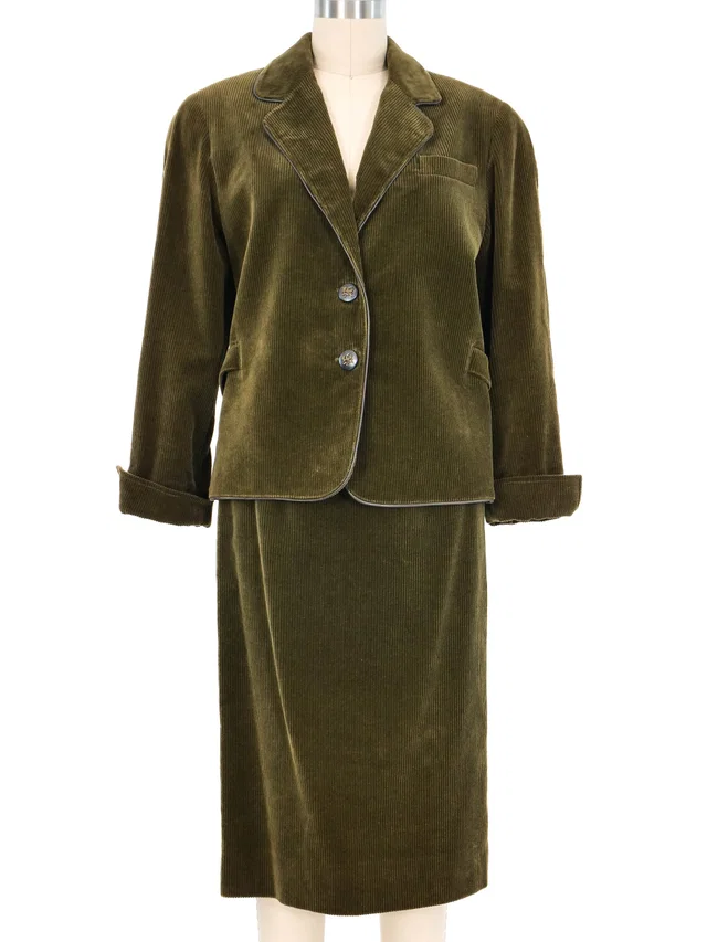 1970s Hermes Olive Corduroy Riding Suit in Green Leather from Arcade Vintage
