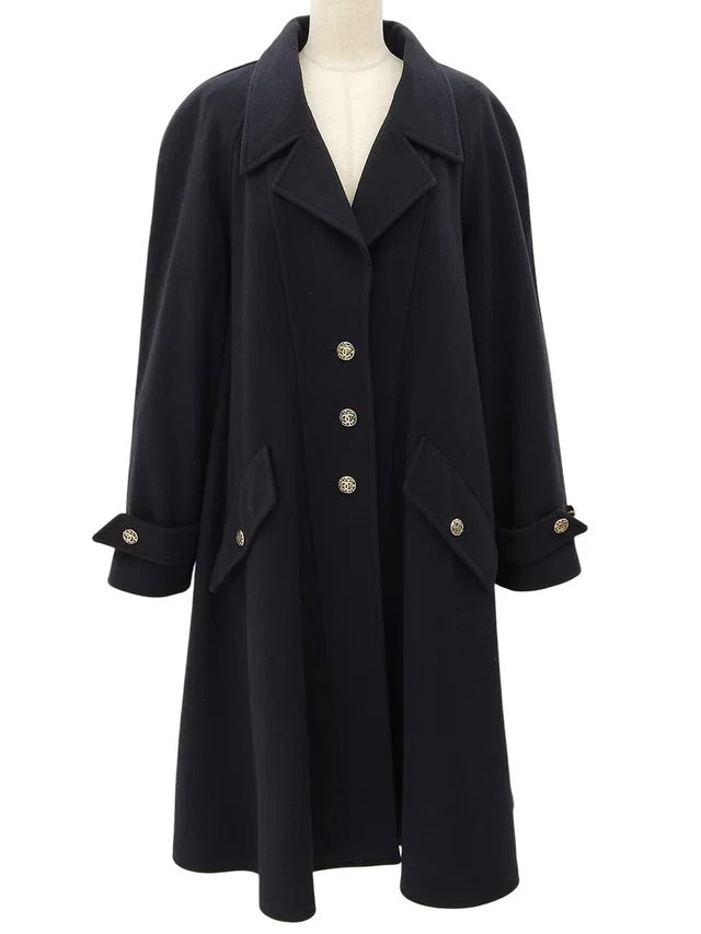 Chanel Cashmere CC Mark Button Long Coat #40 Navy in Navy Cashmere from VINTAGE QOO TOKYO