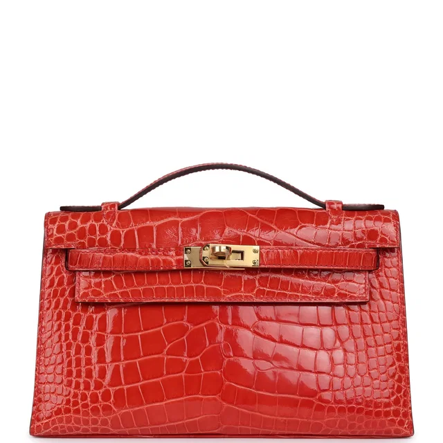 Hermès Kelly Pochette Rouge De Coeur Shiny Alligator Gold Hardware in Red Crocodile from Madison Avenue Couture
