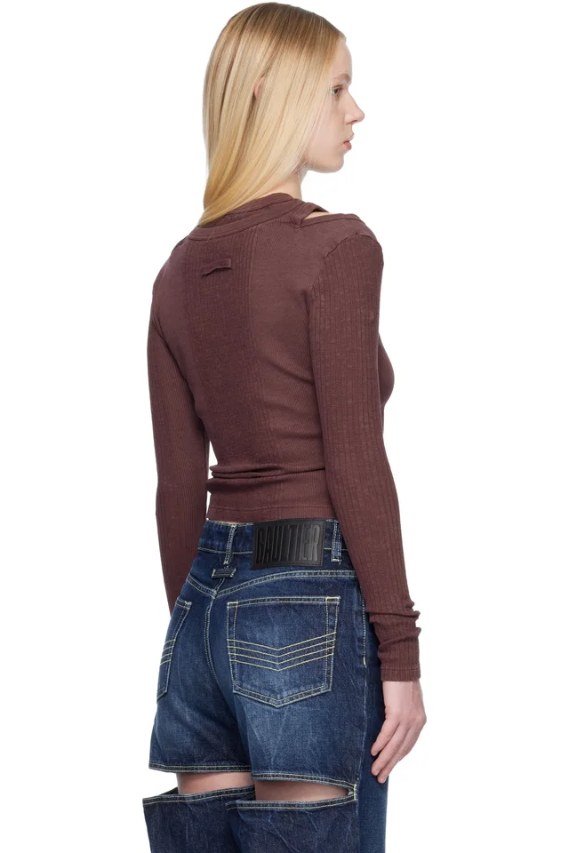 Jean Paul Gaultier Burgundy Rib Cutout Fastener Top, photo 3 of 4 from SSENSE