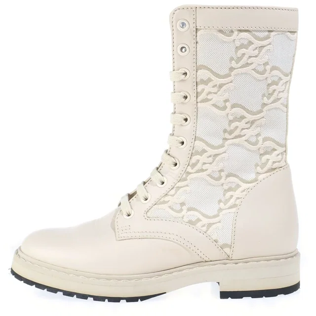Fendi Logo Canvas Lace Up Boots Beige in Beige Canvas from The Reluxe