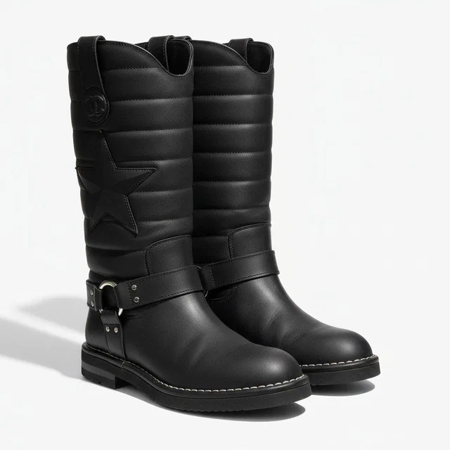 Chanel G7 Engineer Boots Star Motif Quilted Leather Black in Black Leather from The Reluxe