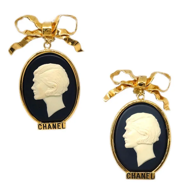 Chanel Cameo Dangle Earrings Clip-On Gold in Gold Resin from AMORE Vintage Tokyo
