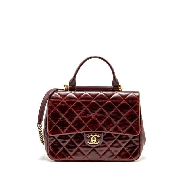 Chanel 16A Gold Bar Top Handle Flap Bag Glazed Calfskin Burgundy GHW in Burgundy Calfskin from EMIER