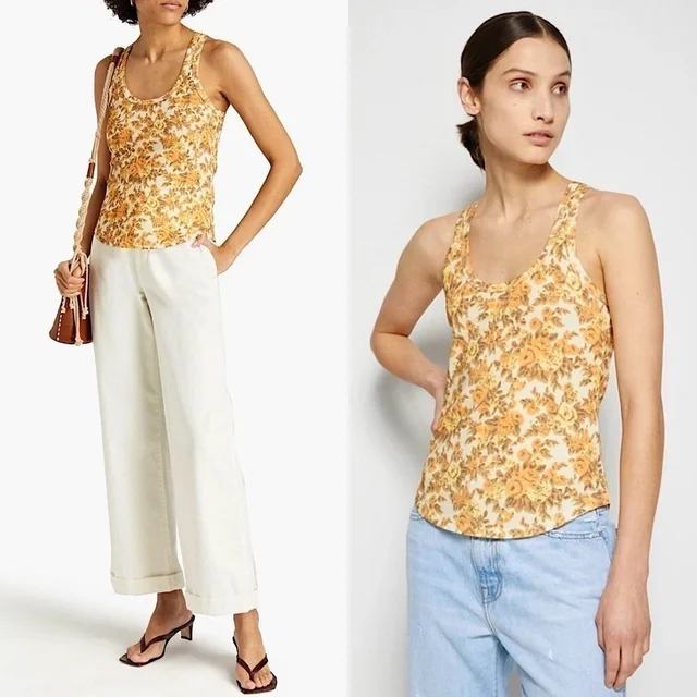 SIMKHAI Retro Floral Print Organic Cotton Scoop Neck Tank Top L in orange|white from Poshmark