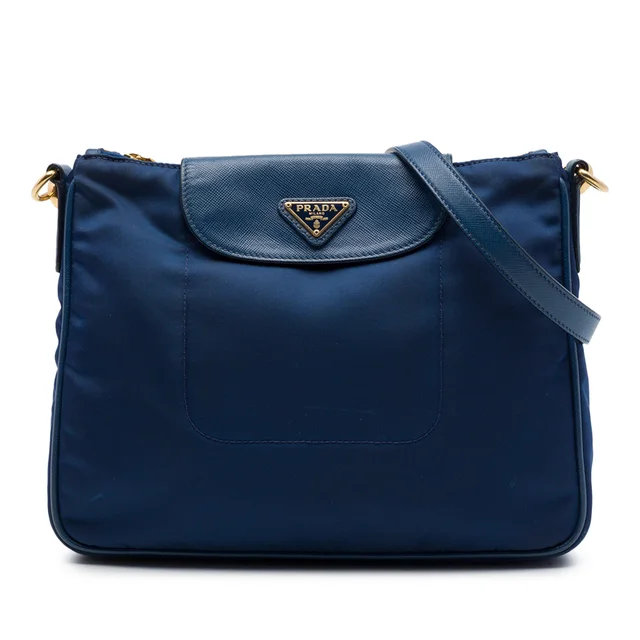 Blue Prada Saffiano Trimmed Tessuto Crossbody in Blue Saffiano leather from Designer Revival