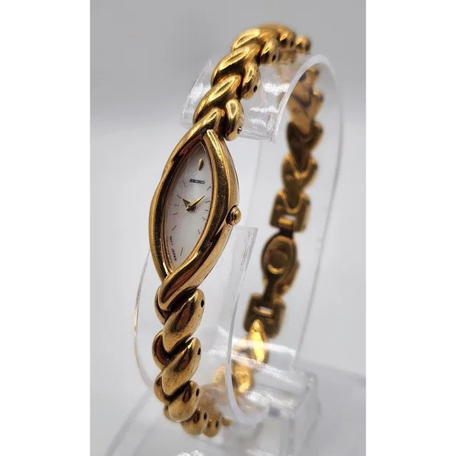Vtg Seiko Almond Watch Braided Band 1e20-3b29 Womens 7 Gold Tone Mother Of Pearl in white|gold from Poshmark