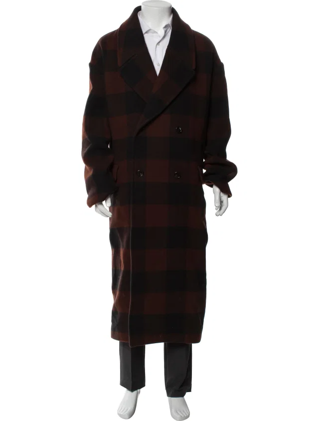 Loewe Wool Plaid Print Trench Coat in brown|red Wool from The RealReal