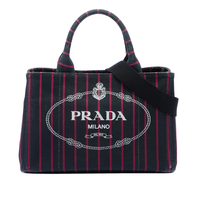 Black Prada Small Canvas Canapa Logo Stripes Satchel in Black Canvas from Designer Revival