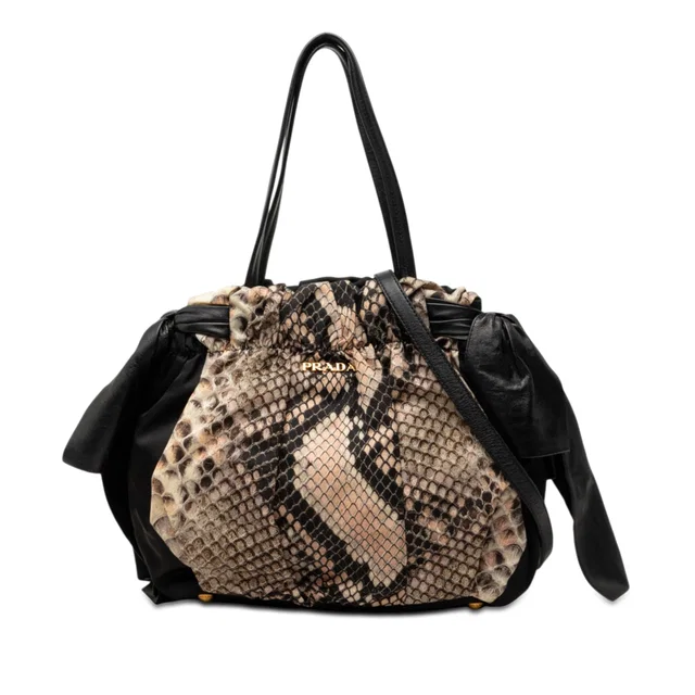 Black Prada Tessuto Python Print Bow Satchel in Black Python from Designer Revival