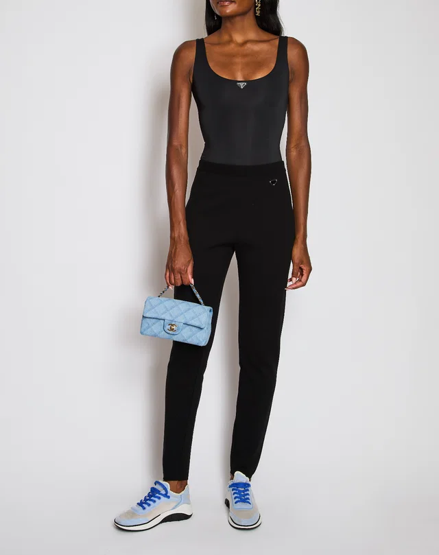 Prada Black Knitted Leggings with Logo Plaque Detail Size IT 44 (UK 12) in Black Wool from Sellier
