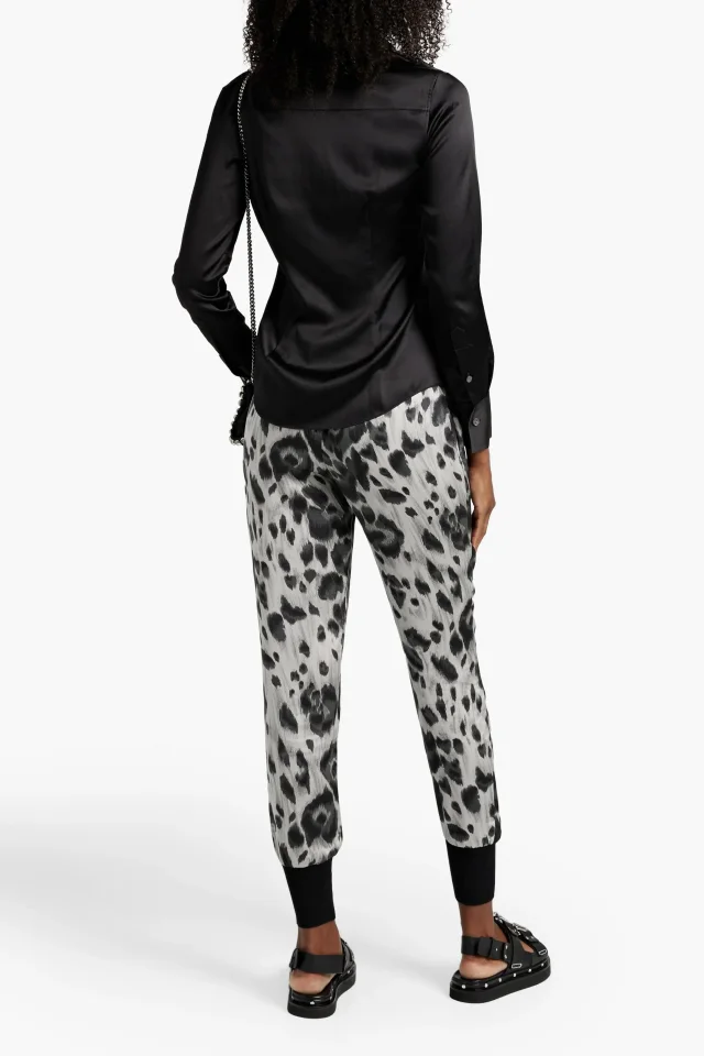 Stella McCartney Pleated Leopard-Print Silk-Satin Tapered Pants in Black, photo 3 of 4 from THE OUTNET