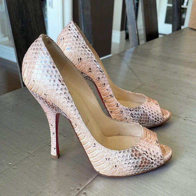 Christian Louboutin Maryl 120mm Watersnake Nude Stiletto Peep Toe Sz 38.5 in brown|neutral from Poshmark