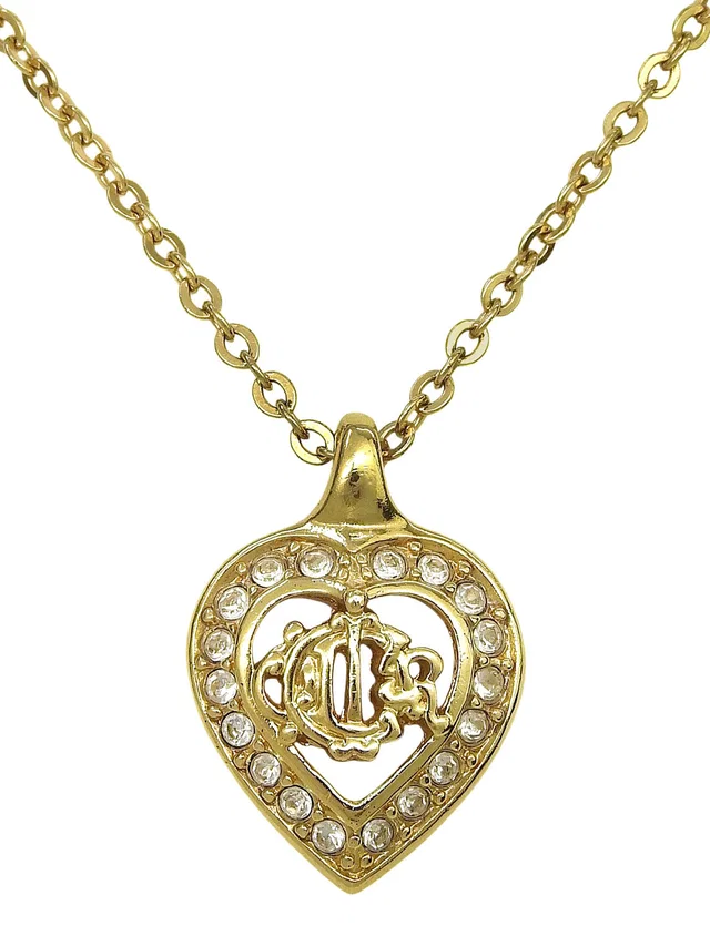 Dior Rhinestone Heart Motif Logo Cutout Necklace Gold in Gold from VINTAGE QOO TOKYO