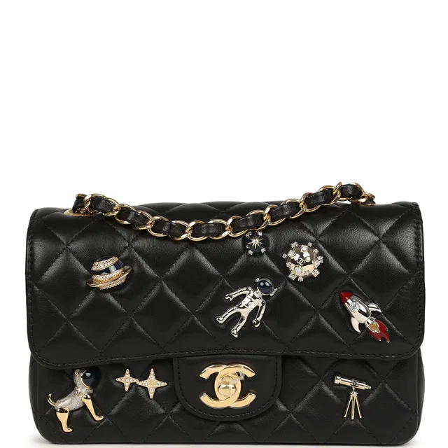 Chanel Mini Classic "Space Charms" Rectangular Flap Bag Black Lambskin Gold Hardware in Black Lambskin from Madison Avenue Couture