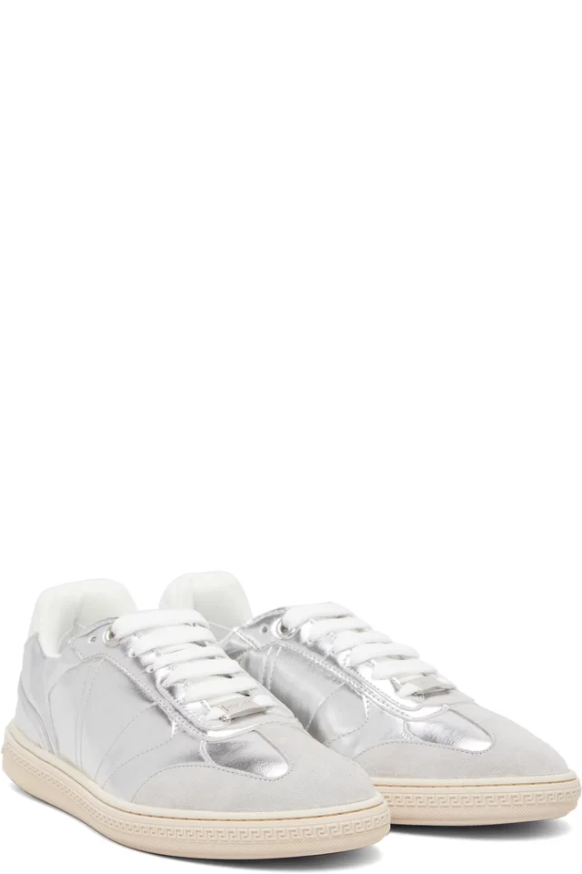 Versace Silver Greca Court Metallic Sneakers, photo 4 of 5 from SSENSE