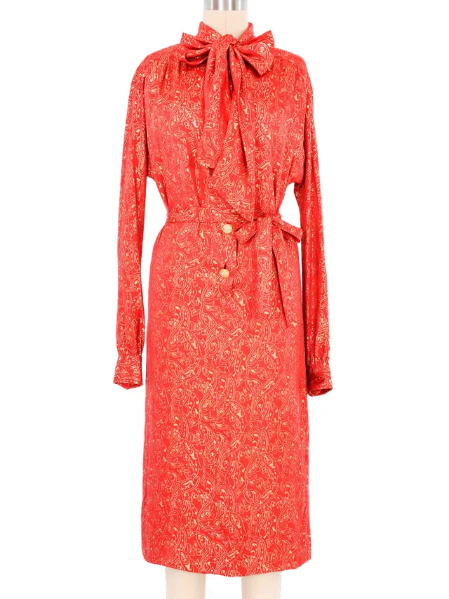 1990s Celine Red Lurex Brocade Dress in Red Silk from Arcade Vintage