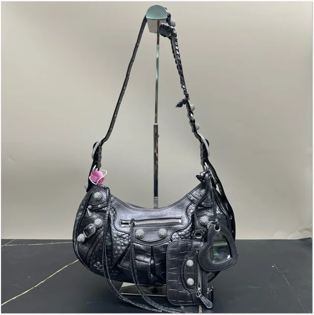 Balenciaga Metallic Black Croc-Embossed Le Cagole Bag in Black Crocodile from Luxury Promise