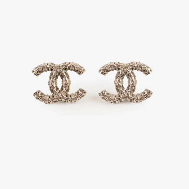 Chanel Large Textured CC Silver Stud Earrings in Silver from The Purse Affair
