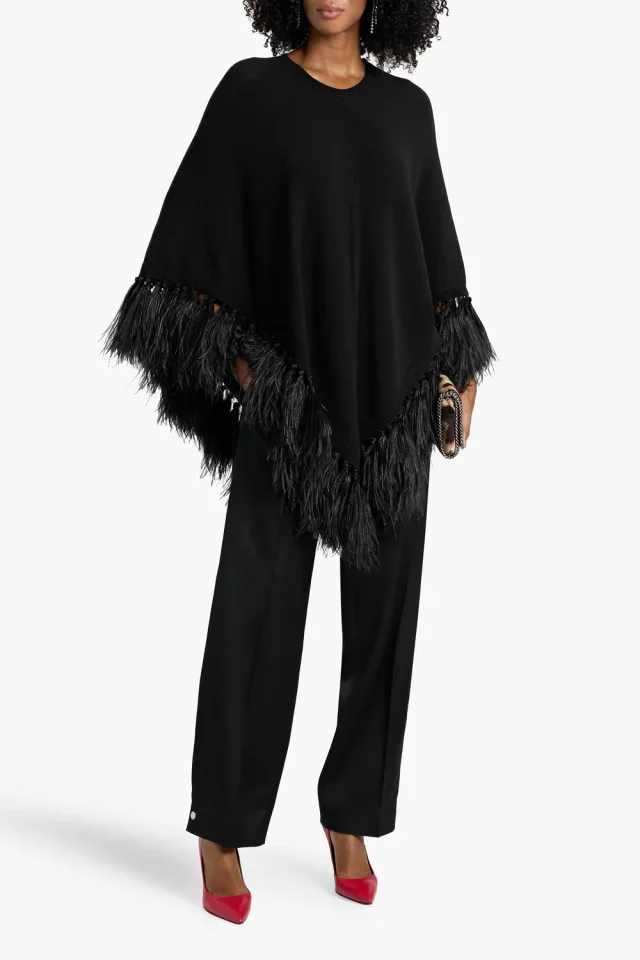 Valentino Garavani Feather-Trimmed Wool and Cashmere-Blend Poncho in Black, photo 6 of 8 from THE OUTNET