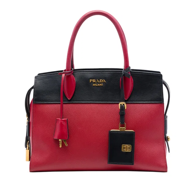 Red Prada Saffiano And City Calf Esplanade Satchel in Red Saffiano leather from Designer Revival