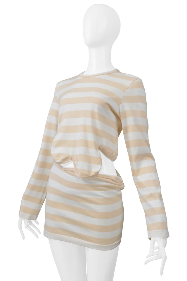 Comme des Garçons White And Tan Striped Long Sleeve Shirt With Scalloped Edges And Cut Out 2004 in Brown from Resurrection Vintage, photo 2 of 2