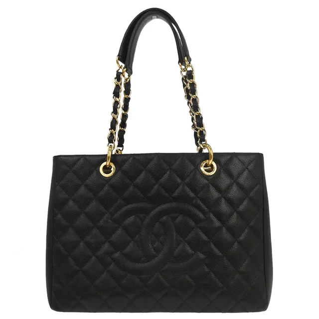 Chanel 2014 Black Caviar Skin Grand Shopping Tote GST Chain Handbag in Black Caviar leather from AMORE Vintage Tokyo