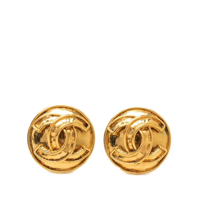 Gold Chanel CC Gold Plated Round Clip On Earrings in Gold from Designer Revival