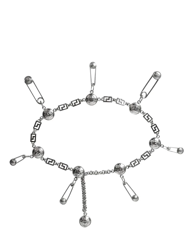 Versace Vintage SS 1994 Iconic Silver Medusa Safety Pin Chain Belt in Silver from Amarcord Vintage Fashion