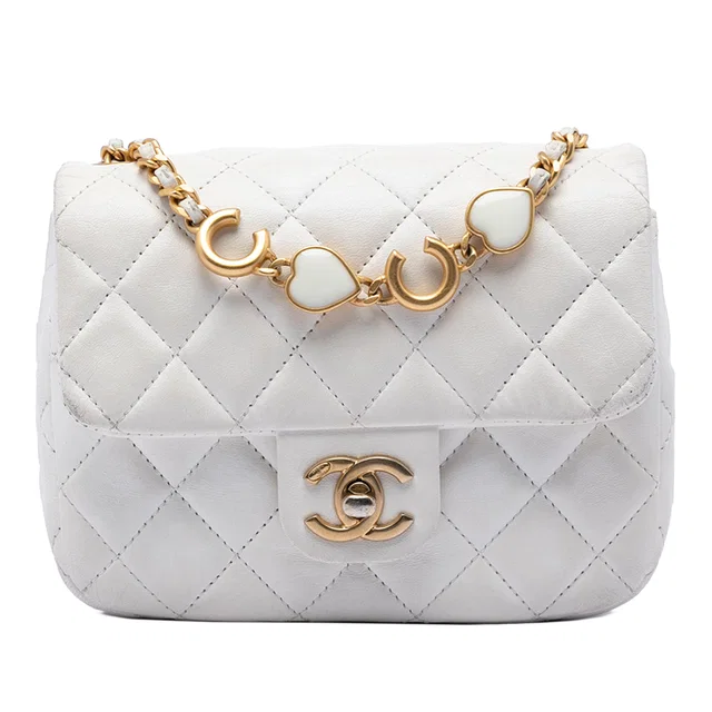 White Chanel Mini Square Classic Lambskin Enamel Coco Hearts Single Flap Crossbody Bag in White Lambskin from Designer Revival