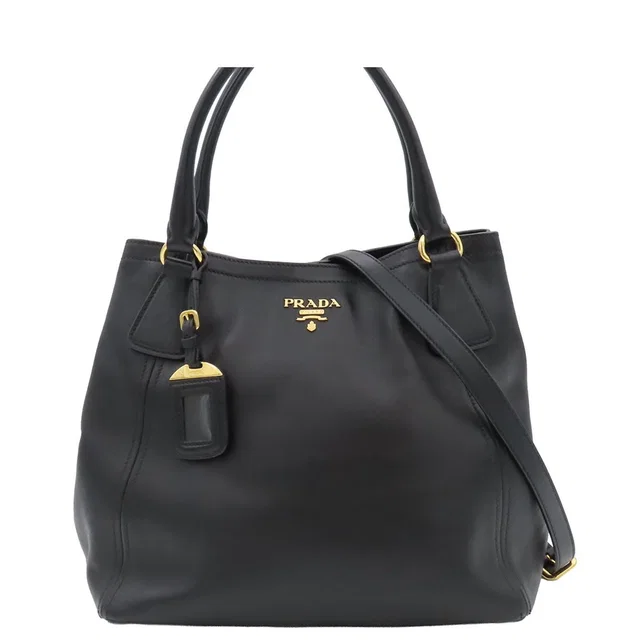 Prada 2-Way Shoulder Bag Black Calfskin Letter Ring Logo in Black Calfskin from The Reluxe