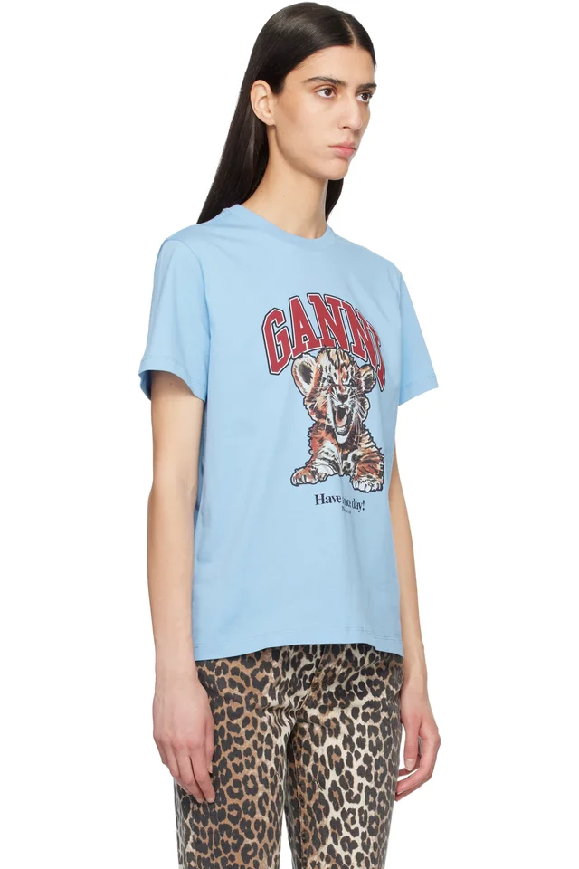GANNI Blue Relaxed Jersey Tiger T-shirt, photo 2 of 4 from SSENSE
