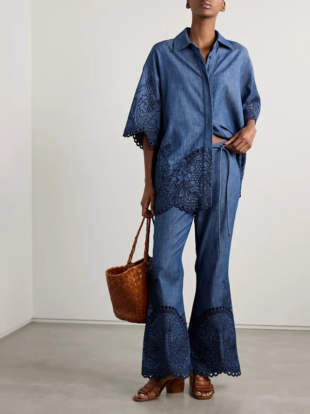 ZIMMERMANN Coco belted embroidered cotton-chambray flared pants in Blue, photo 2 of 2 from NET-A-PORTER (Canada)
